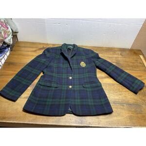Polo Ralph Lauren Women's Plaid Bullion Crest Blazer Navy/Green Size 10 Cashmere
